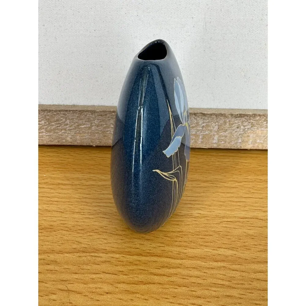 Vintage Otagiri Japan hand crafted blue iris floral ceramic vase small 4